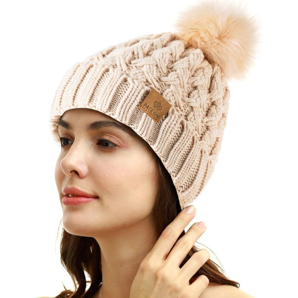 Women’s Beige Winter Ribbed Beanie Hat Chunky Cable Knit Pompom Warm - Picture 2 of 6